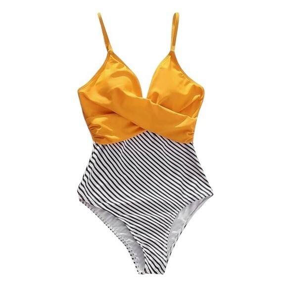 Swimsuit One Piece Womens Small Boutique Yellow Black Stripes V Neck Swim A1 - Picture 1 of 6